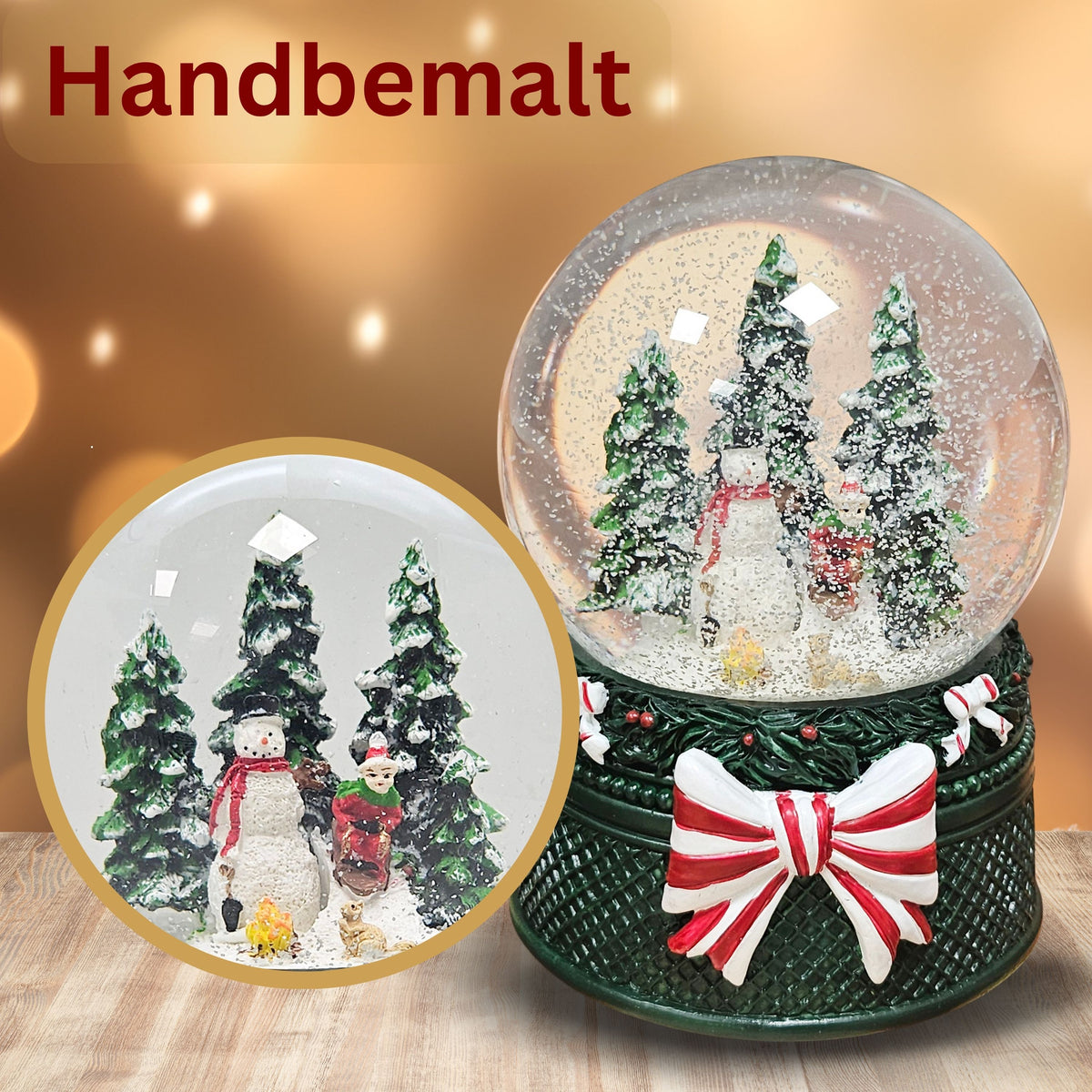 Nostalgische Schneekugel Schneemann steht auf Weihnachtsdekor grün 100 mm Durchmesser mit Spieluhr