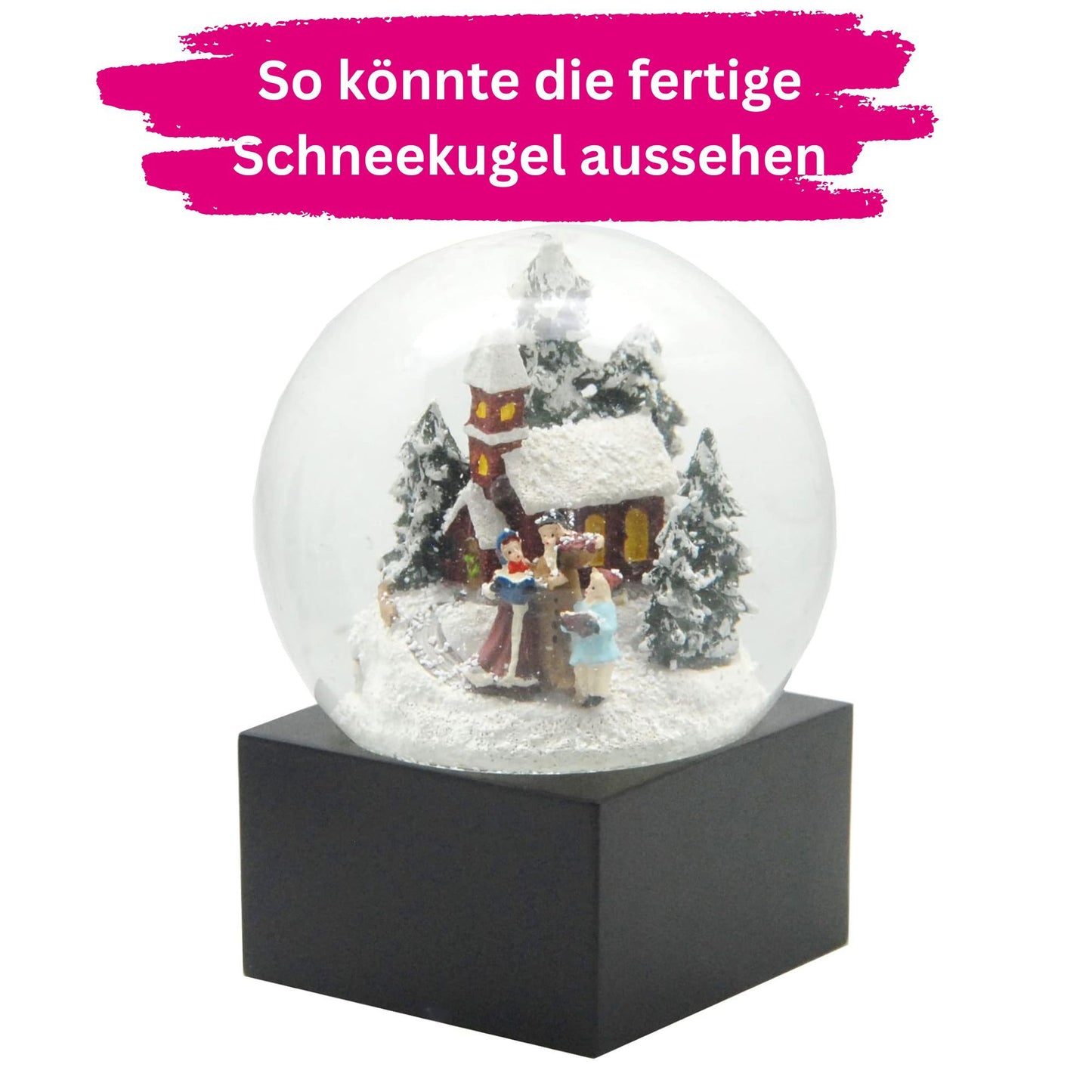 DIY-Komplett-Bastelset für Glas-Schneekugel 100x120mm schwarz mit Schnee, Glitzer, Wasserklar & Kleber