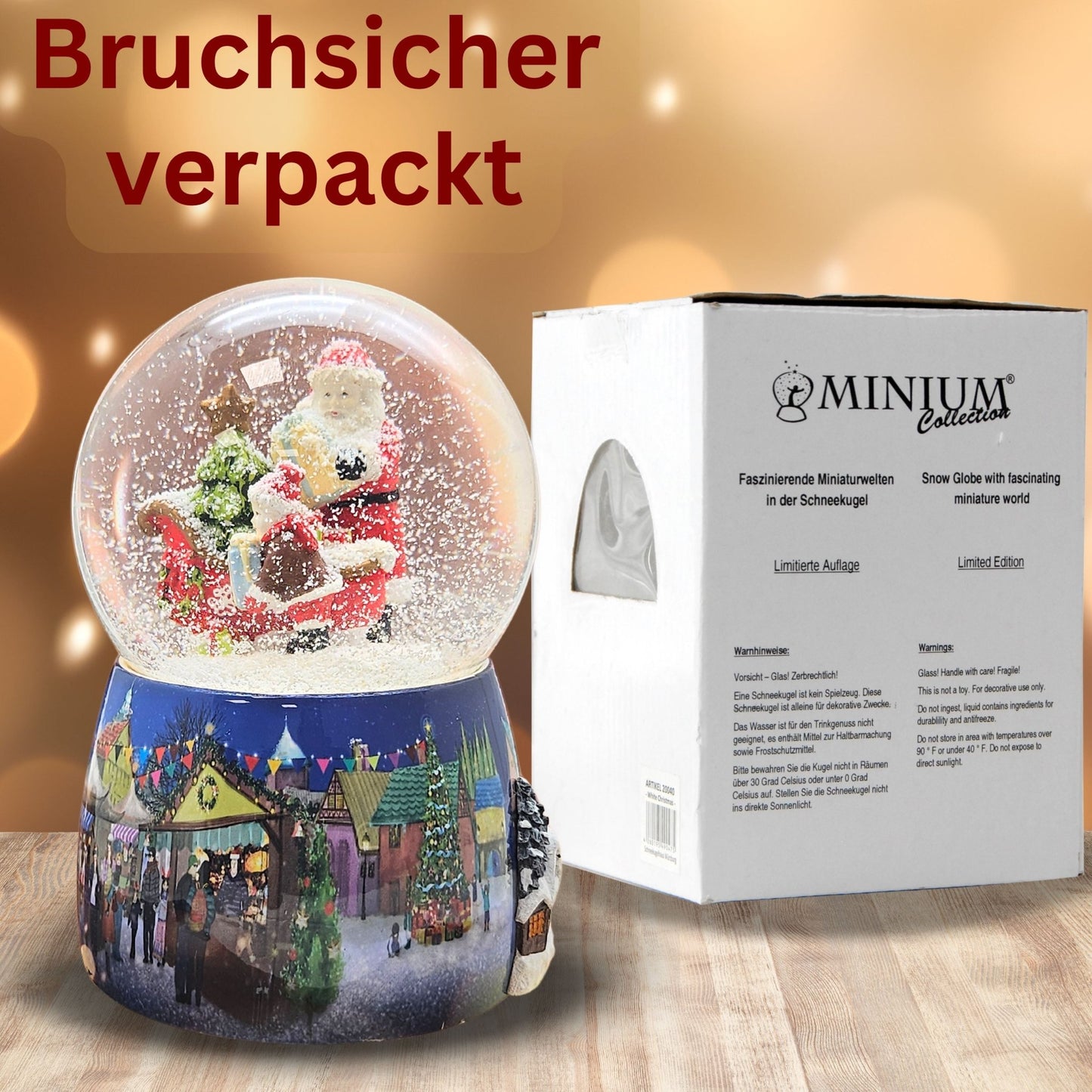 Nostalgie - Schneekugel mit Weihnachtsmann mit Schlitten mit Spieluhr 100 mm Durchmesser - Schneekugelhaus
