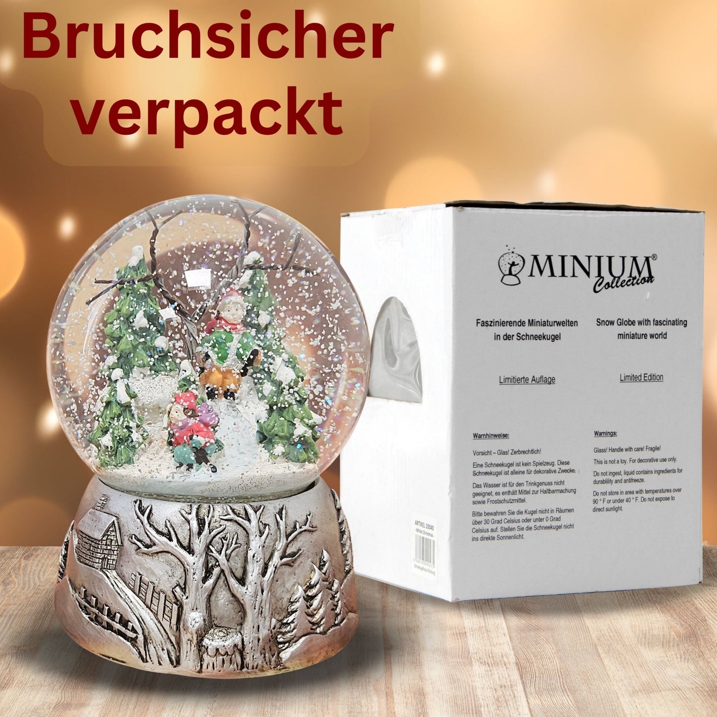 Nostalgische Schneekugel Skifahrer auf Silber Landschaft 100 mm Durchmesser mit Spieluhr - Schneekugelhaus