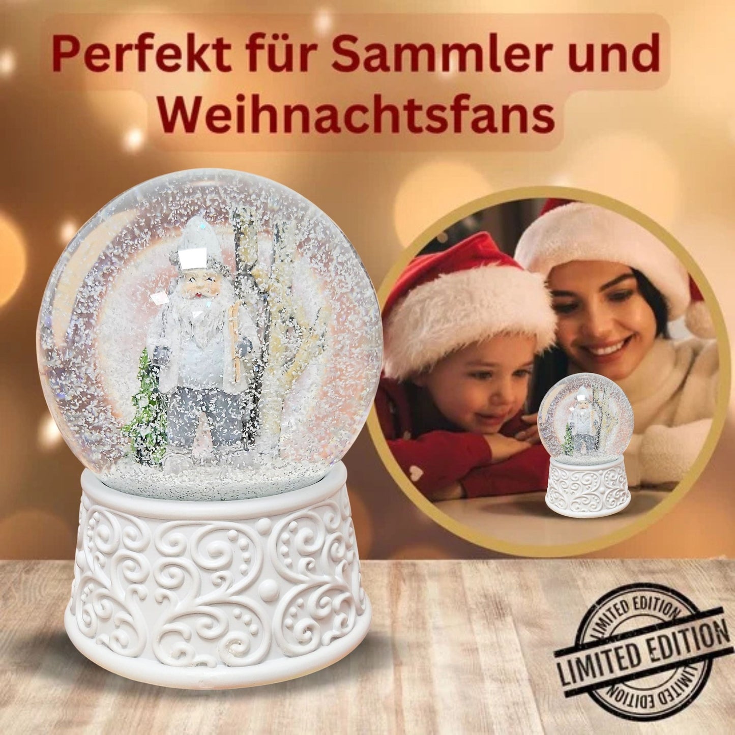 Nostalgische Schneekugel Wichtel weiß grau auf Ornamente 100 mm Durchmesser mit Spieluhr - Schneekugelhaus