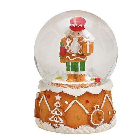 Süße Mini-Schneekugel Nussknacker Geschenkpaket ocker auf Sockel Weihnachtsbäckerei 45 mm Durchmesser