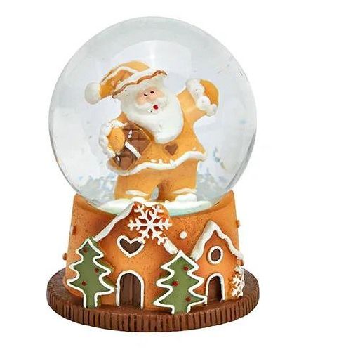 Süße Mini-Schneekugel Weihnachtsmann Waffel mit  Geschenkpaket auf Sockel Weihnachtsbäckerei 45 mm Durchmesser