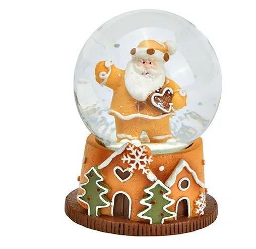 Süße Mini-Schneekugel Weihnachtsmann Lebkuchenherz mit  Geschenkpaket auf Sockel Weihnachtsbäckerei 45 mm Durchmesser