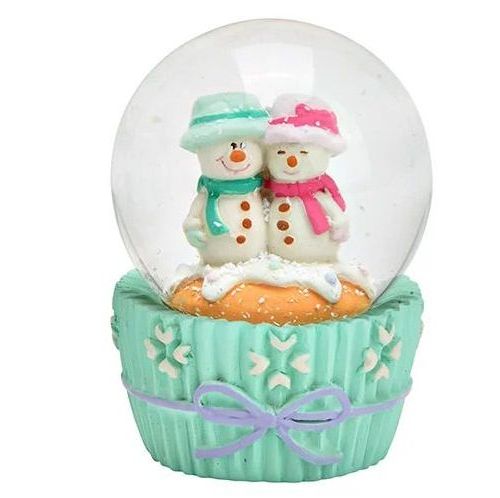 Süße Mini-Schneekugel Muffin türkis Schneemann-Paar auf Sockel Weihnachtsbäckerei 45 mm Durchmesser