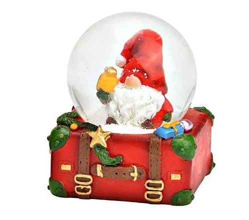 Süße Mini-Schneekugel Weihnachtswichtel Geschenk auf Koffer rot grün Weihnachten rot 45 mm Durchmesser