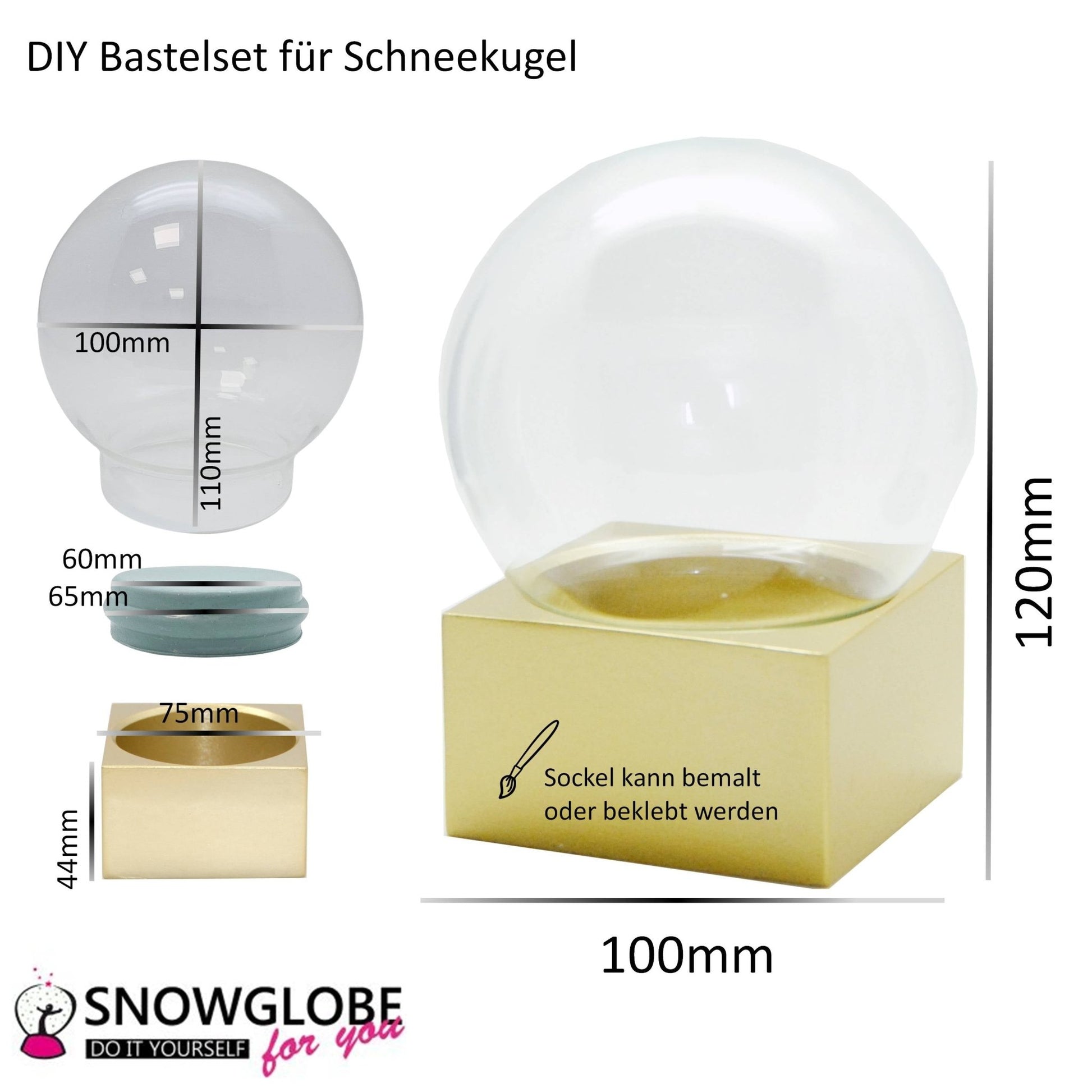 100mm Bastelset Polyresin Sockel gold eckig mit DIY - Schneekugel - 1 x Schnee - Schneekugelhaus