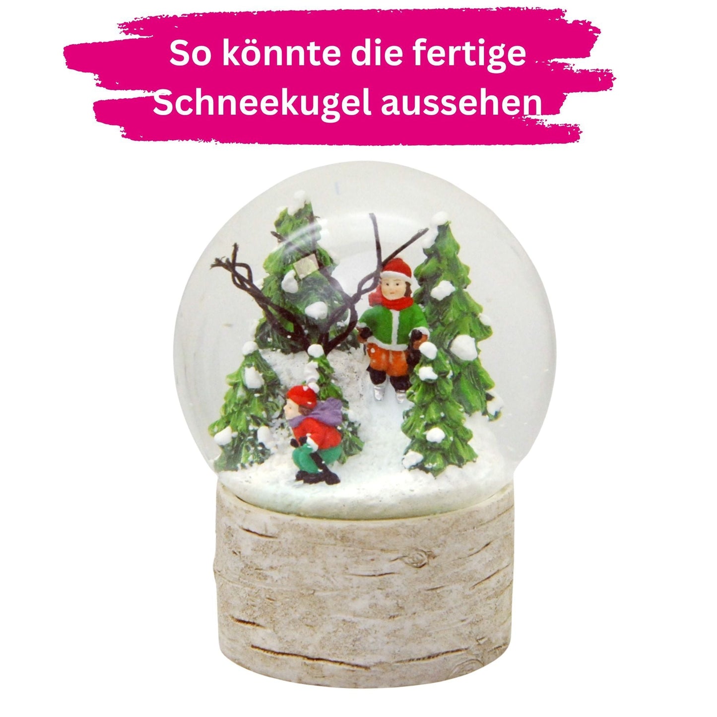 100mm Bastelset Polyresin Sockel Holzoptik Baumstamm mit DIY - Schneekugel - 1 x Schnee - Schneekugelhaus