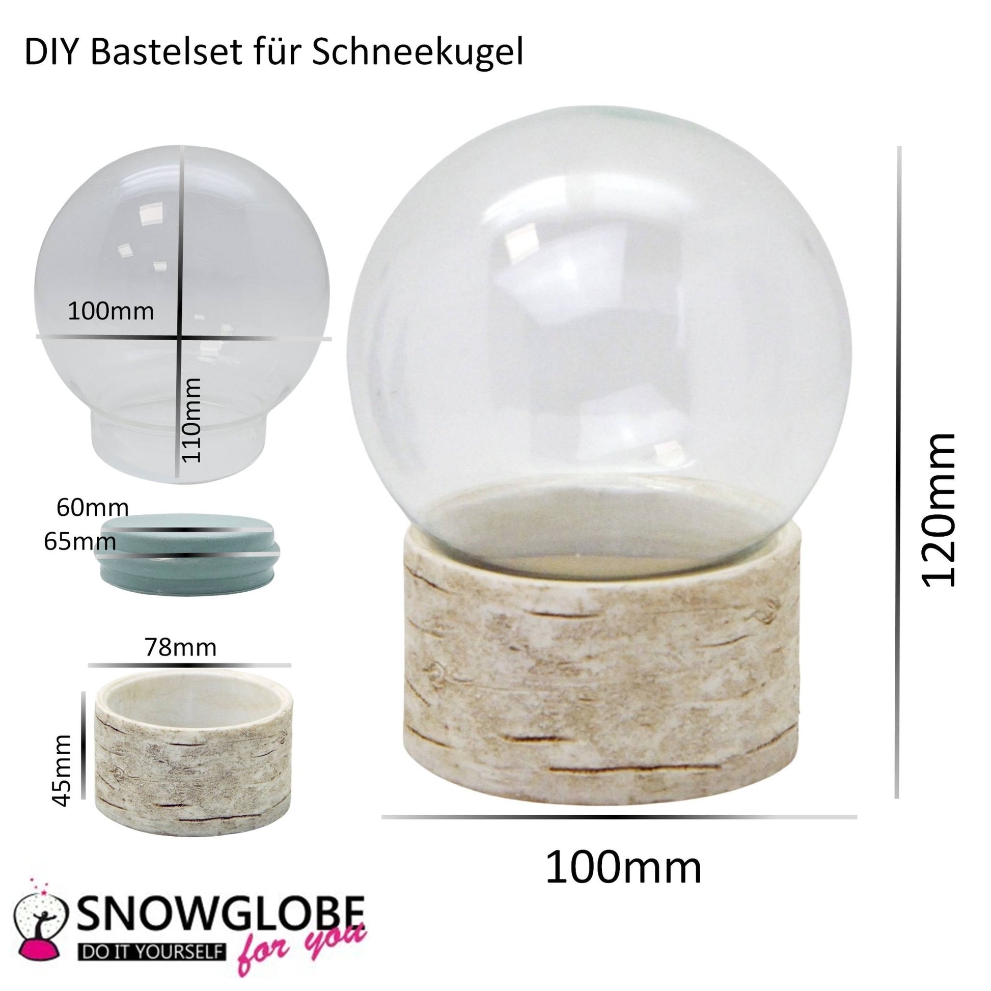 100mm Bastelset Polyresin Sockel Holzoptik Baumstamm mit DIY - Schneekugel - 1 x Schnee - Schneekugelhaus