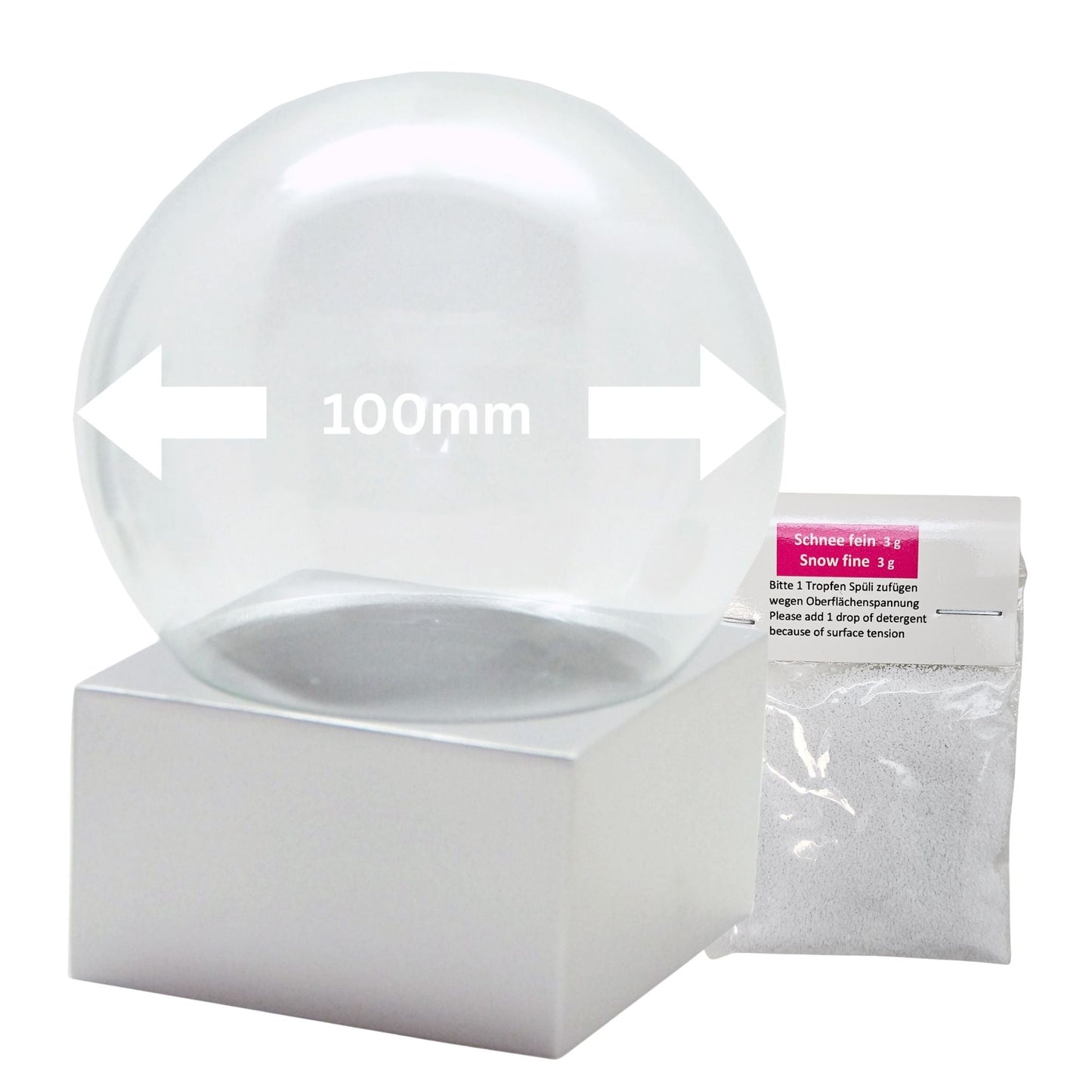 100mm Bastelset Polyresin Sockel silber eckig mit DIY - Schneekugel - 1 x Schnee - Schneekugelhaus