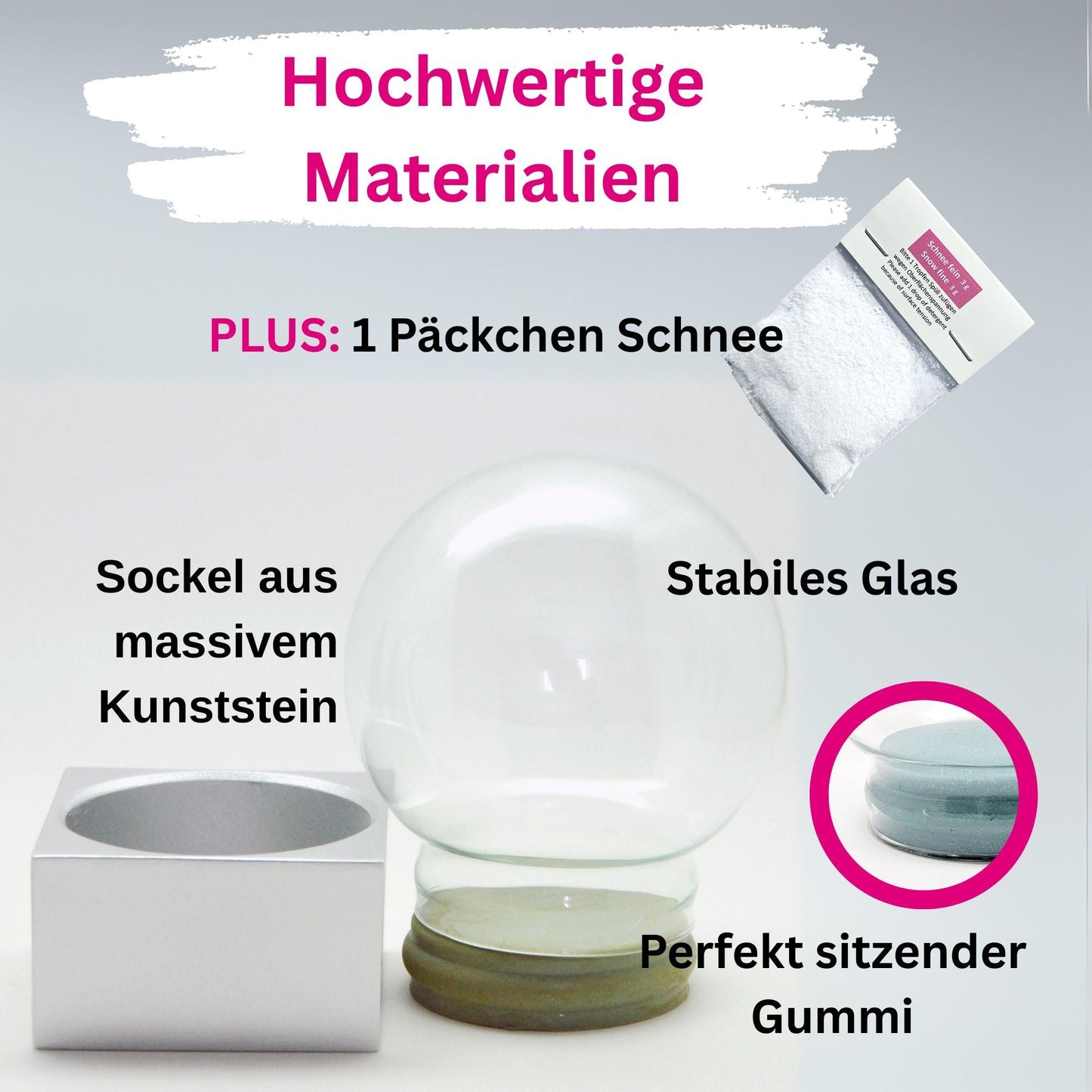 100mm Bastelset Polyresin Sockel silber eckig mit DIY - Schneekugel - 1 x Schnee - Schneekugelhaus