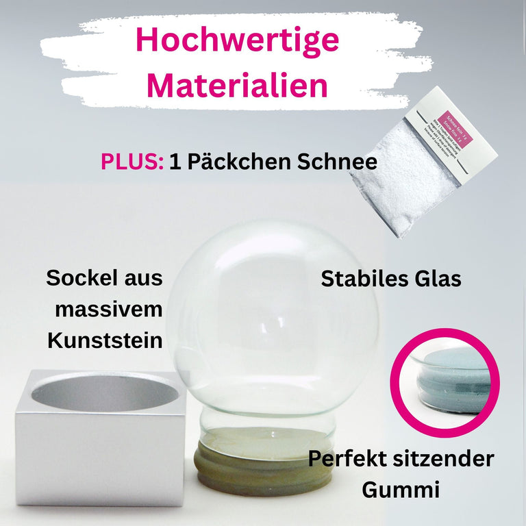 100mm Bastelset Polyresin Sockel silber eckig mit DIY - Schneekugel - 1 x Schnee - Schneekugelhaus