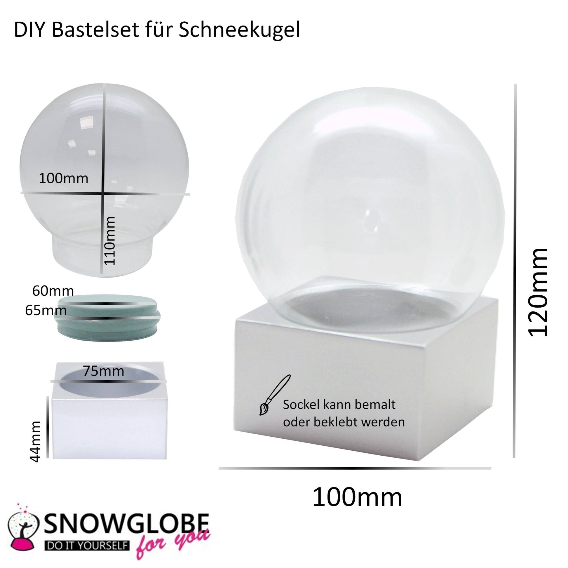 100mm Bastelset Polyresin Sockel silber eckig mit DIY - Schneekugel - 1 x Schnee - Schneekugelhaus
