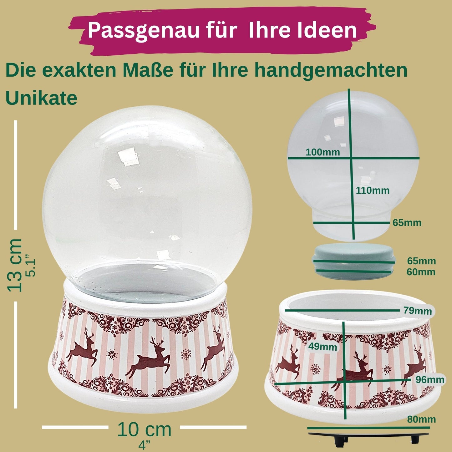100mm Bastelset Sockel Hüttenzauber Rehe mit DIY-Schneekugel für Spieluhr - 1x Schnee - Schneekugelhaus