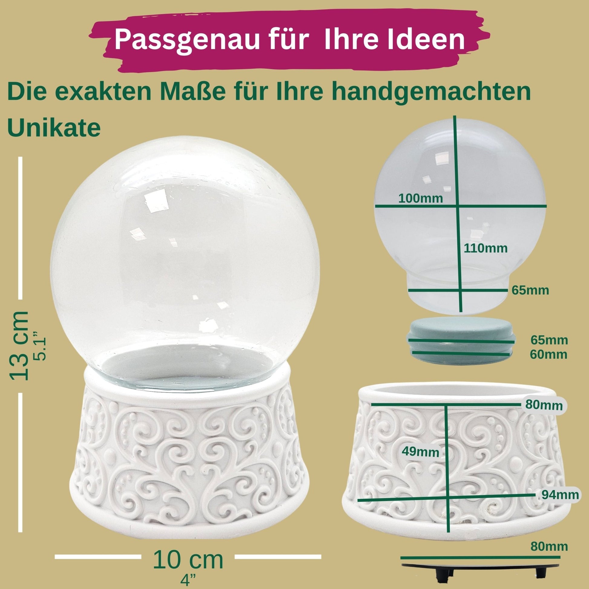 100mm Bastelset Sockel Ornamente weiß Rand mit DIY-Schneekugel für Spieluhr - 1x Schnee - Schneekugelhaus