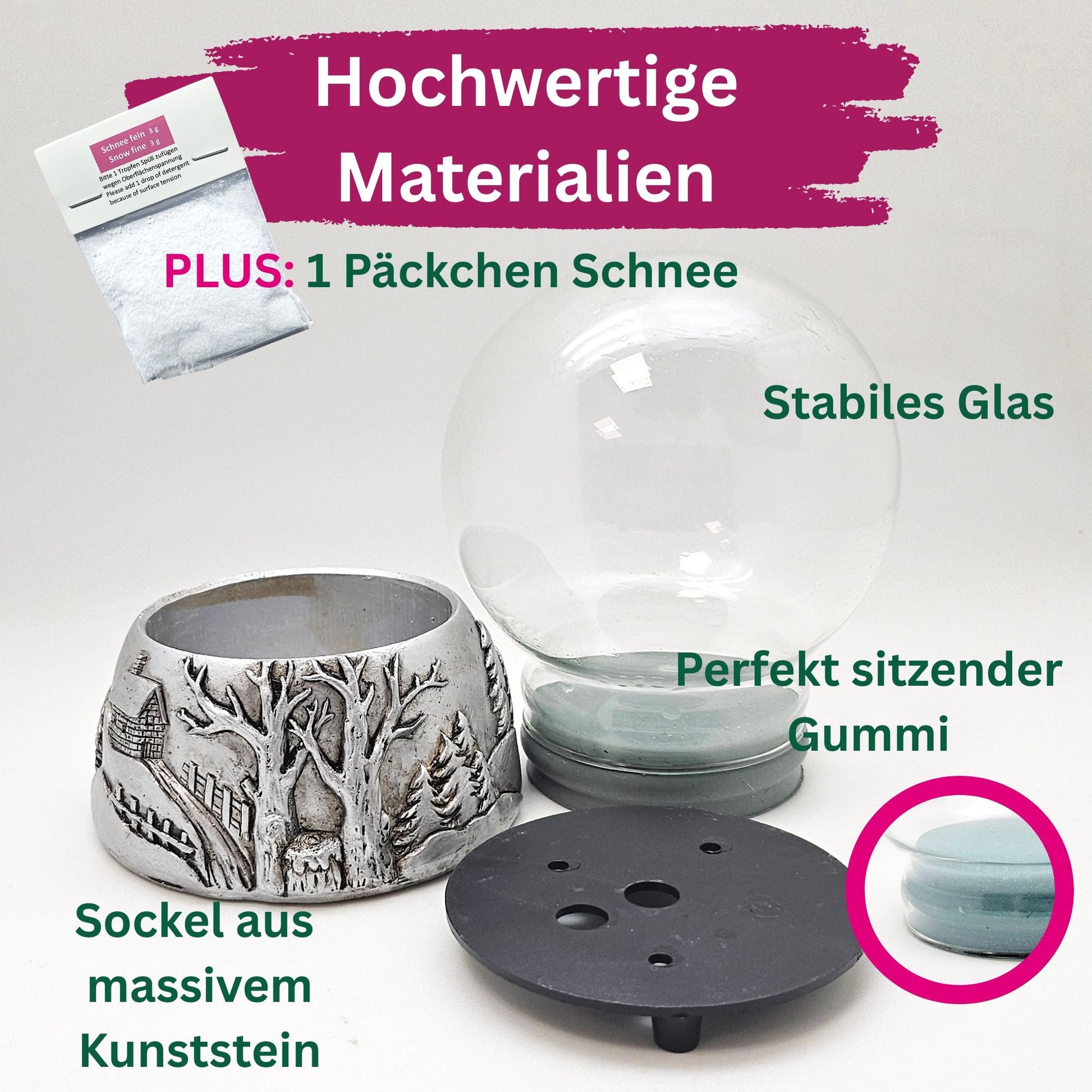 100mm Bastelset Sockel Silber antik Landschaft mit DIY-Schneekugel für Spieluhr - 1x Schnee - Schneekugelhaus
