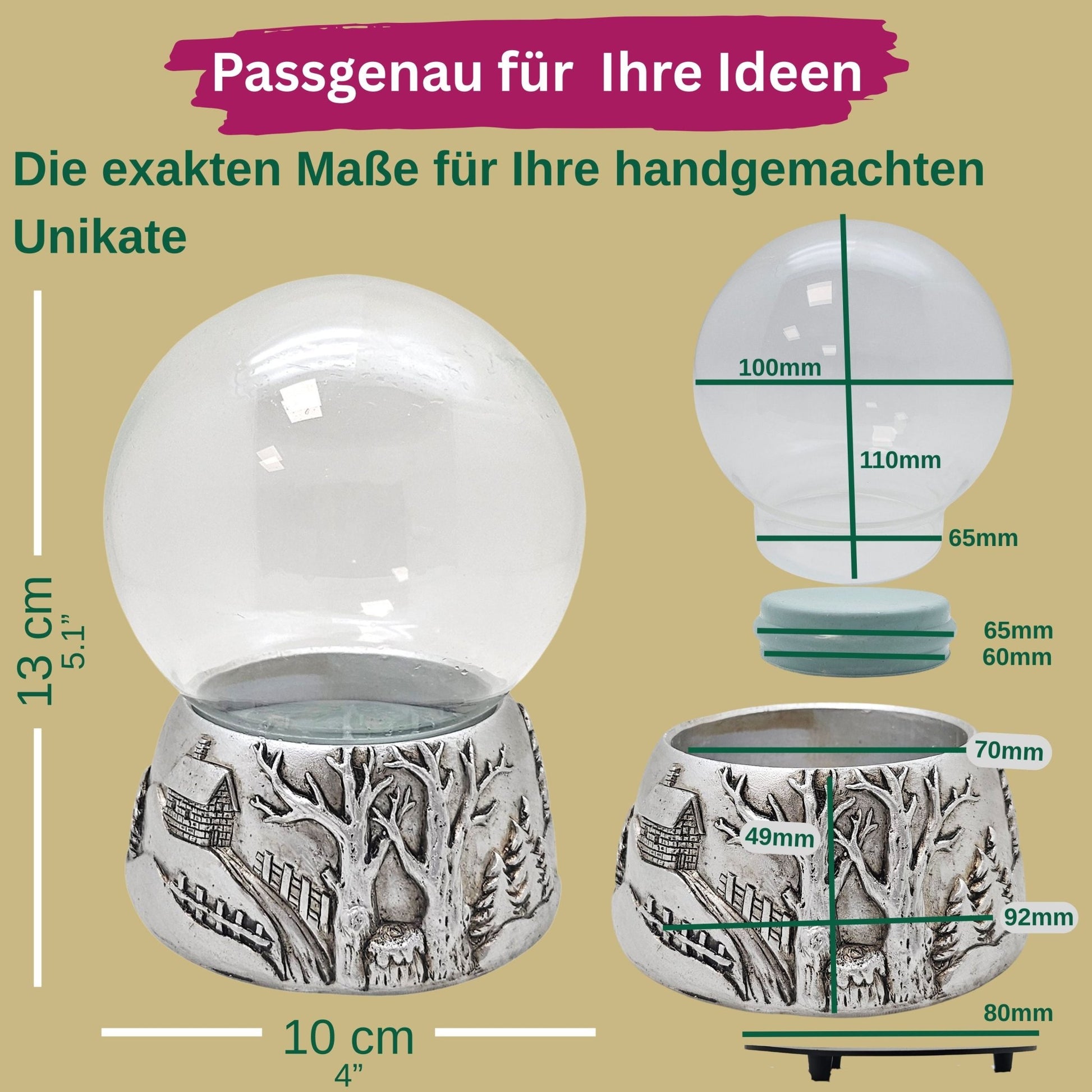100mm Bastelset Sockel Silber antik Landschaft mit DIY-Schneekugel für Spieluhr - 1x Schnee - Schneekugelhaus
