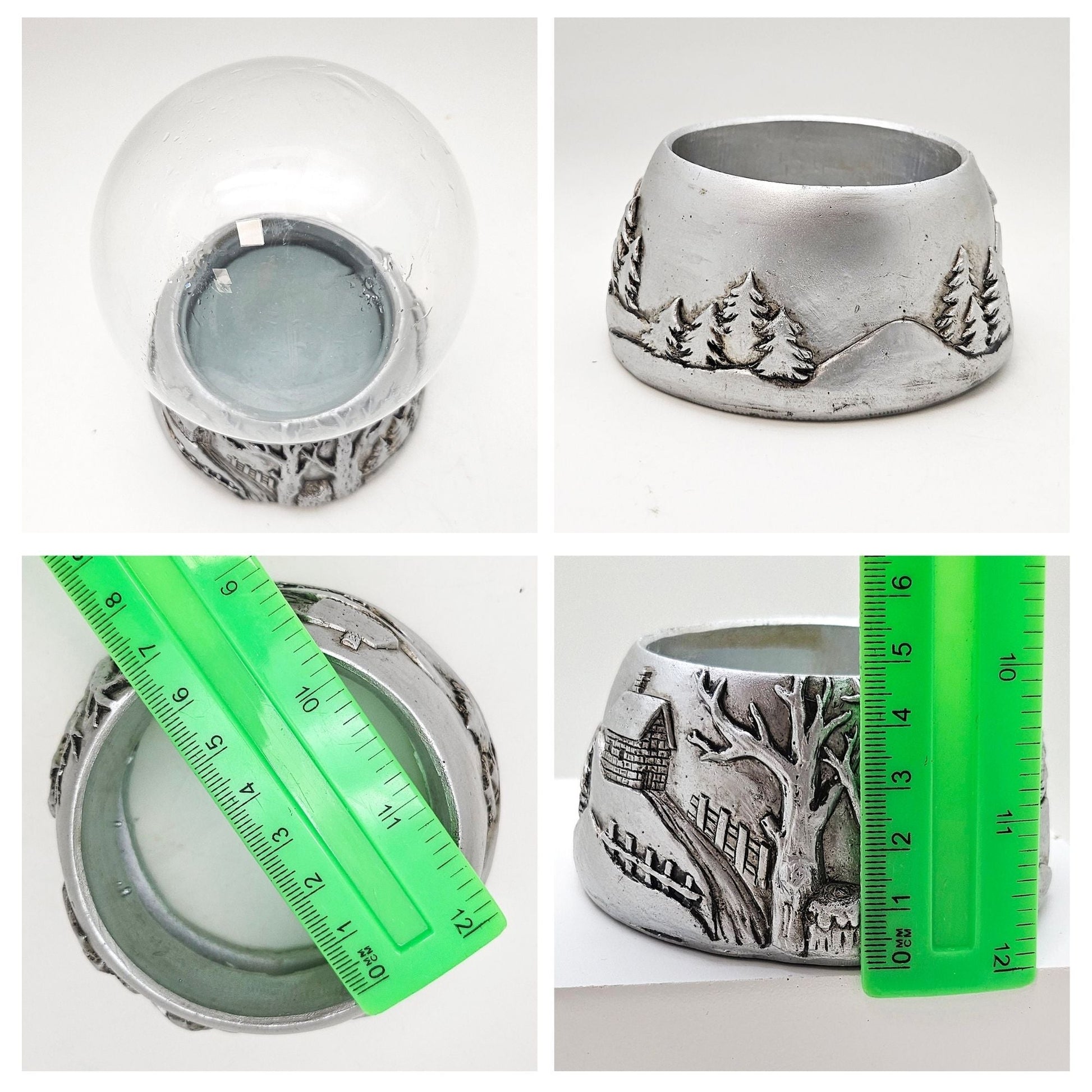 100mm Bastelset Sockel Silber antik Landschaft mit DIY-Schneekugel für Spieluhr - 1x Schnee - Schneekugelhaus