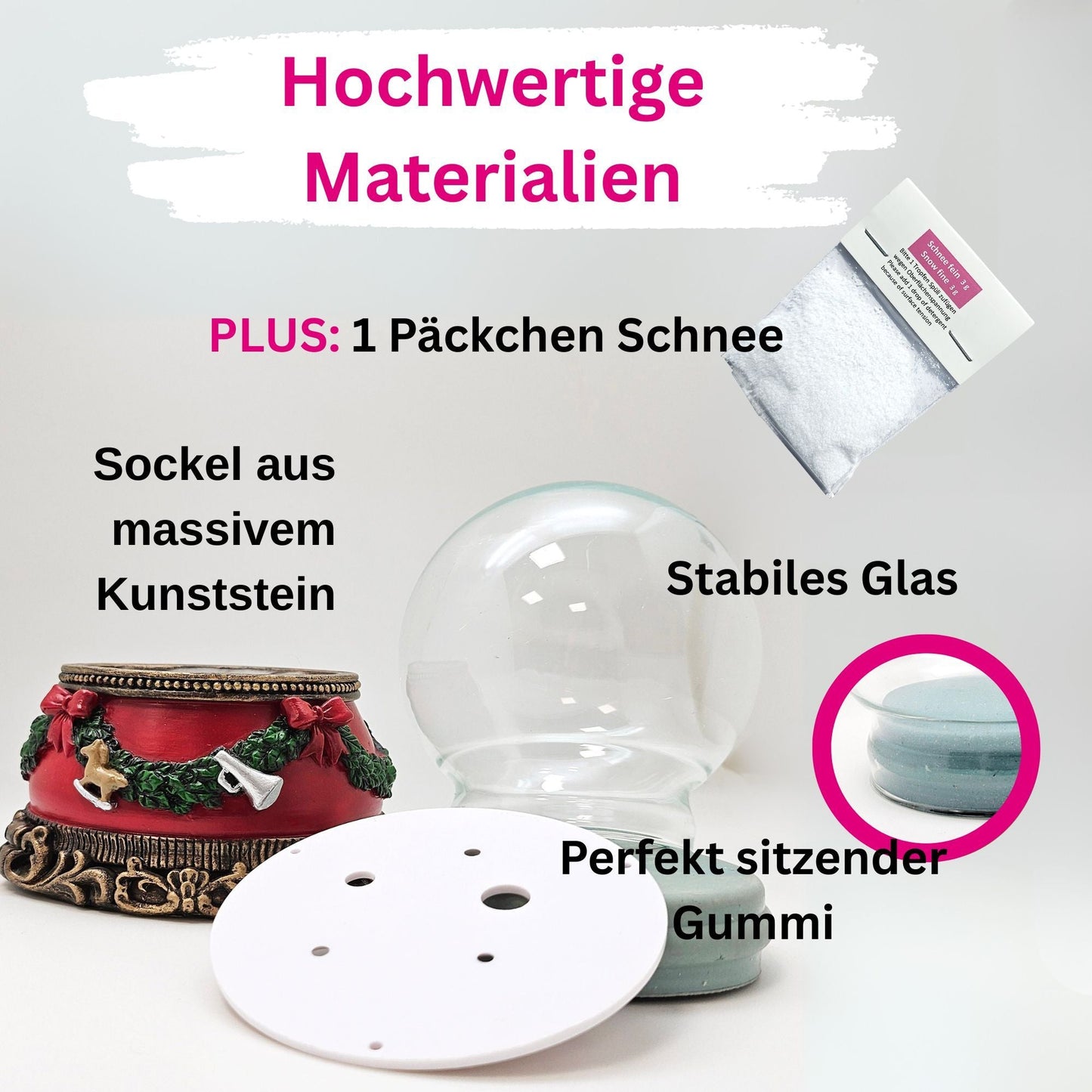 100mm Bastelset Sockel Weihnachten rot mit DIY - Schneekugel für Spieluhr - 1x Schnee - Schneekugelhaus