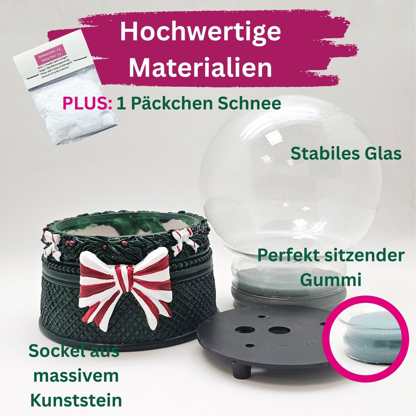 100mm Bastelset Sockel Weihnachtsdekor grün mit DIY-Schneekugel für Spieluhr - 1x Schnee - Schneekugelhaus