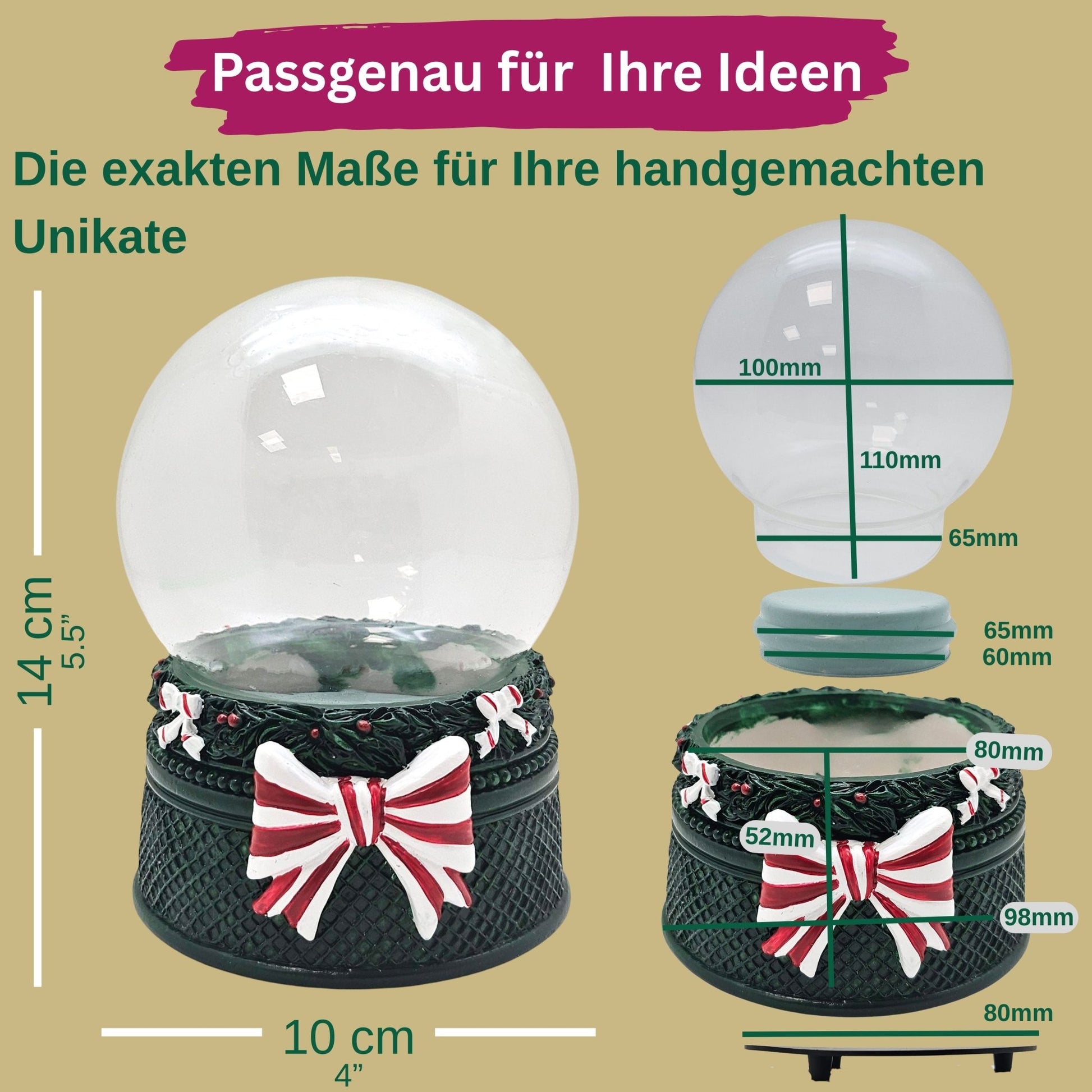 100mm Bastelset Sockel Weihnachtsdekor grün mit DIY-Schneekugel für Spieluhr - 1x Schnee - Schneekugelhaus