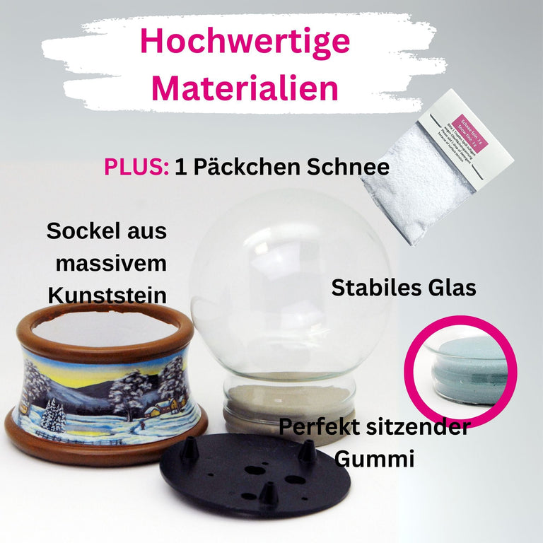 100mm Bastelset Sockel Winterlandschaft brauner Rand mit DIY - Schneekugel für Spieluhr - 1x Schnee - Schneekugelhaus