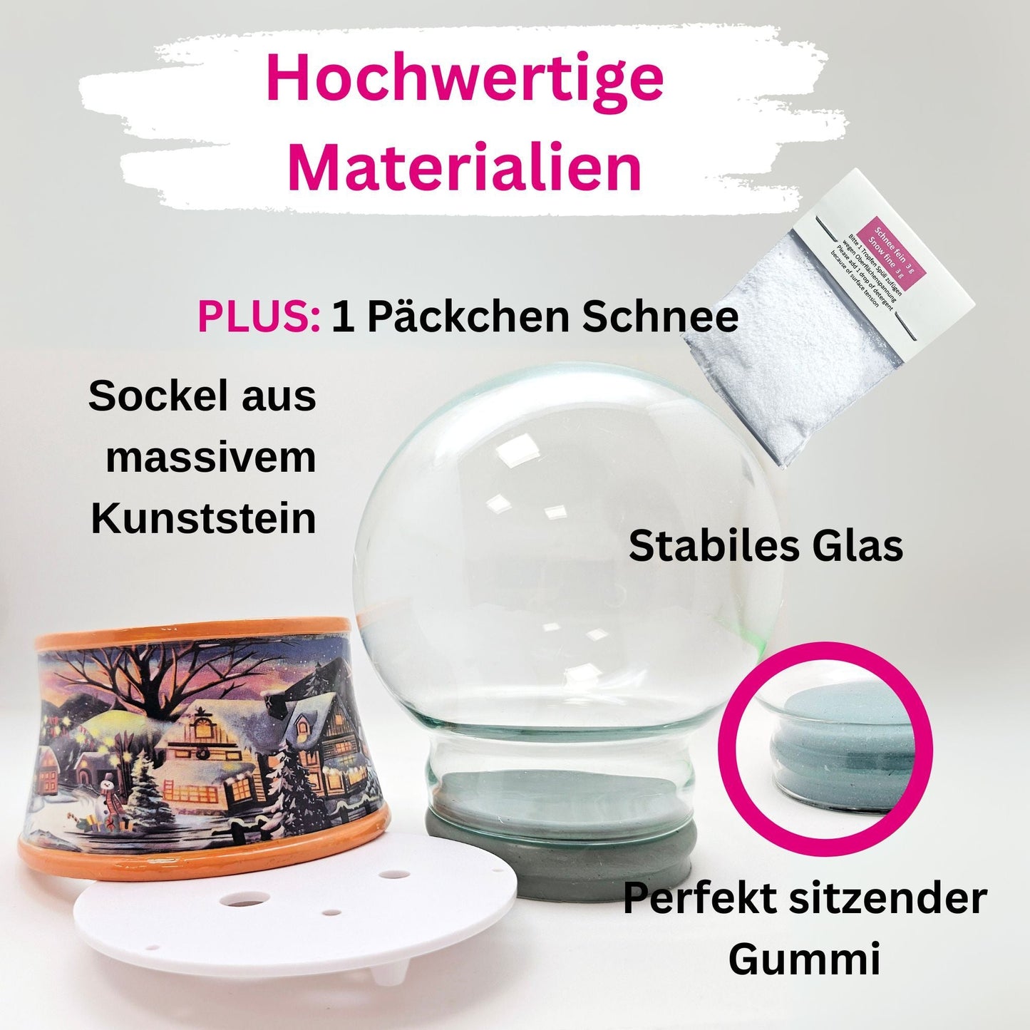 100mm Bastelset Sockel Winterlandschaft ocker Rand mit DIY - Schneekugel für Spieluhr - 1x Schnee - Schneekugelhaus
