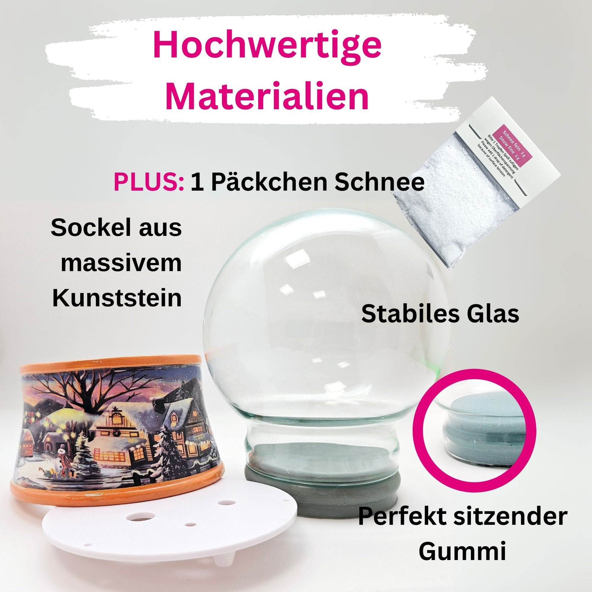 100mm Bastelset Sockel Winterlandschaft ocker Rand mit DIY - Schneekugel für Spieluhr - 1x Schnee - Schneekugelhaus