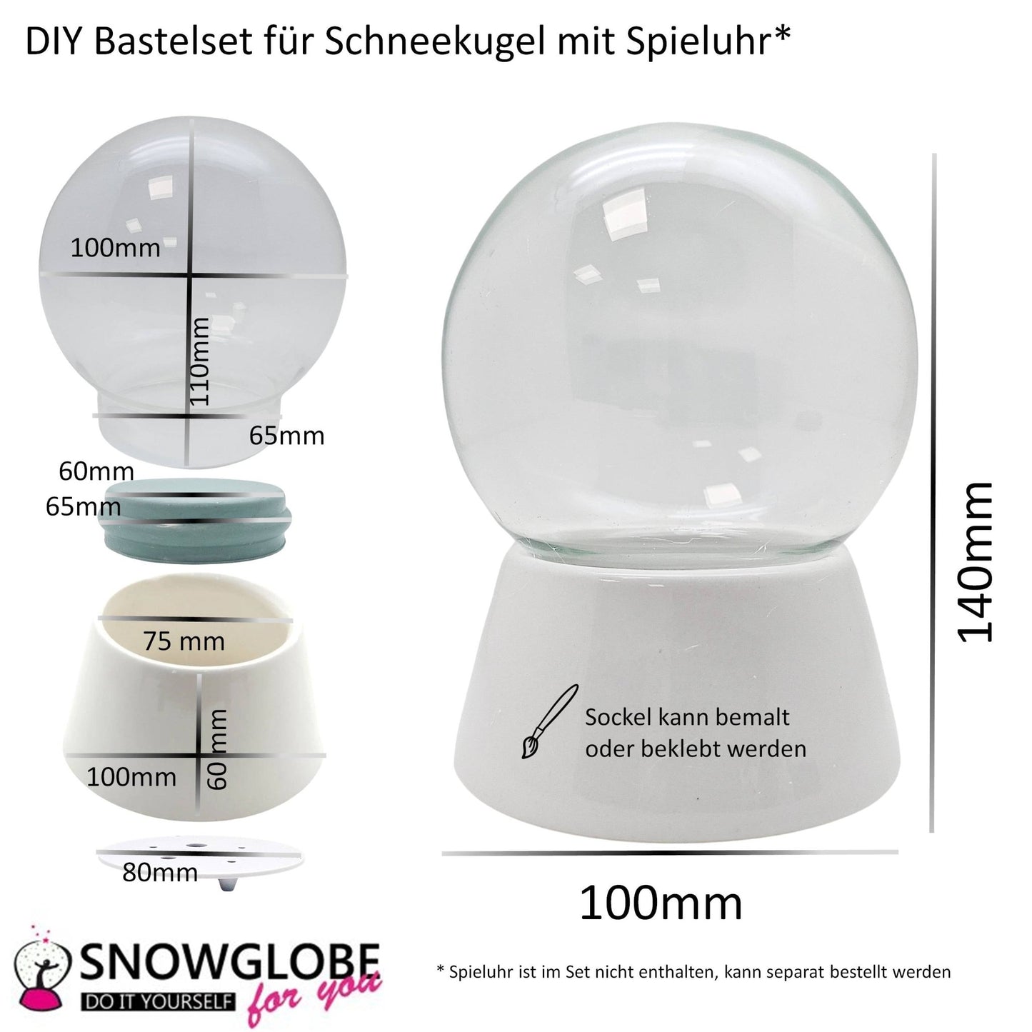 100mm DIY Schneekugel Bastelset weiß - Set aus Bastelglas und Sockel weiß - Schneekugelhaus