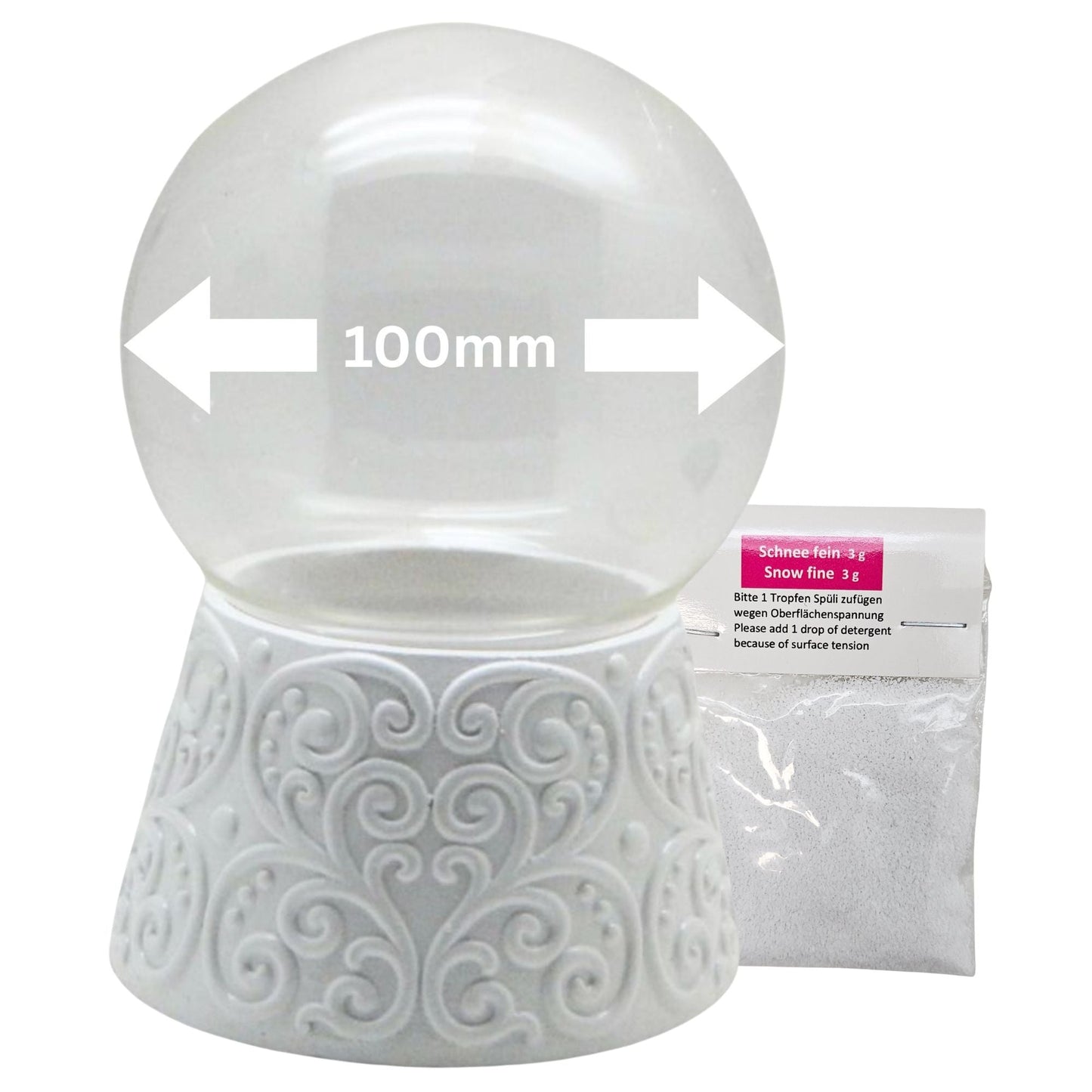 100mm - Do - it - Yourself Schneekugel mit Sockel Ornamente weiß mit Relief für Spieluhr - 1x Schnee - Schneekugelhaus