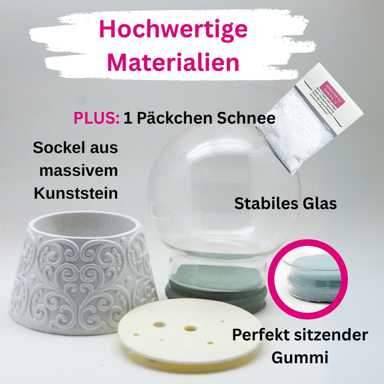 100mm - Do - it - Yourself Schneekugel mit Sockel Ornamente weiß mit Relief für Spieluhr - 1x Schnee - Schneekugelhaus
