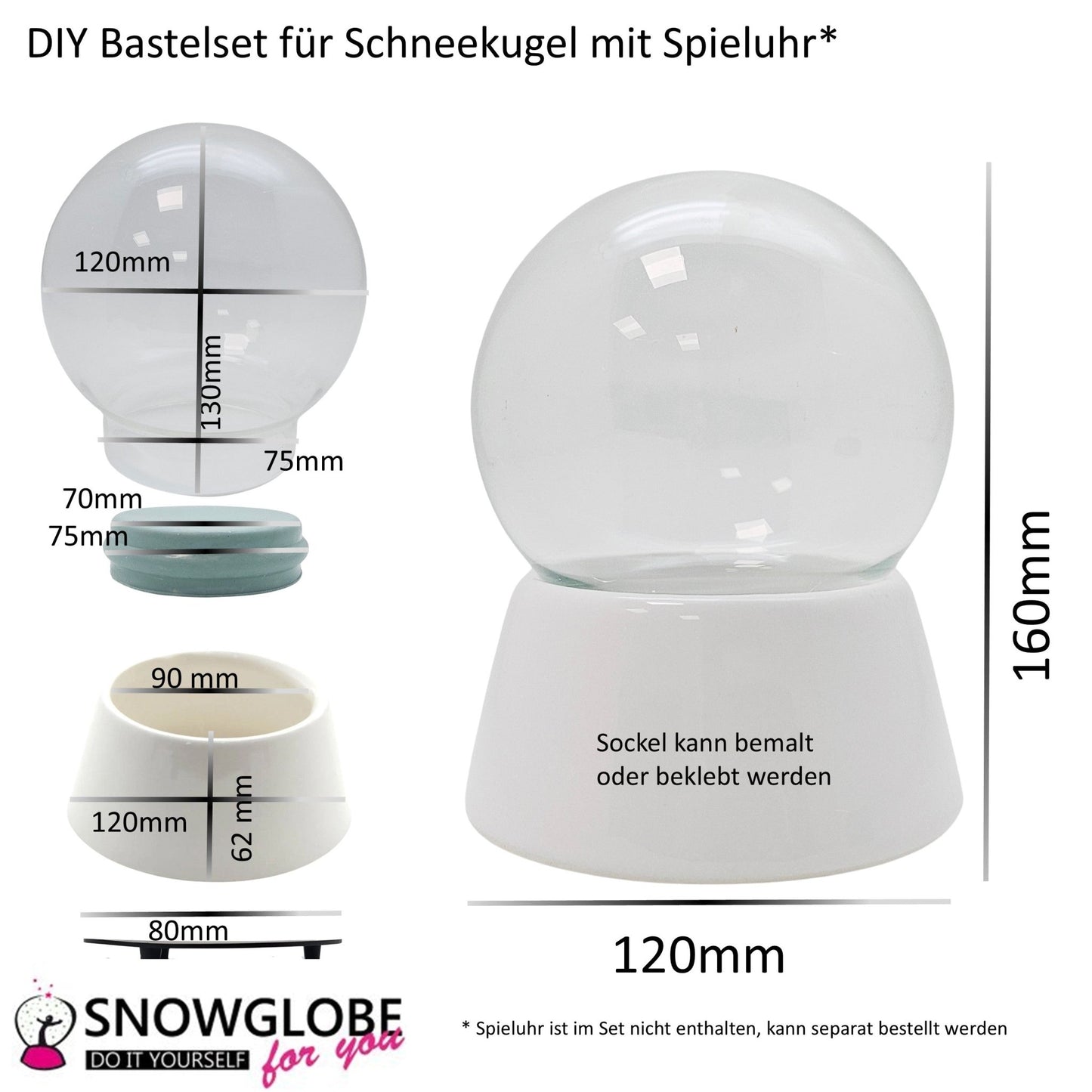 120mm DIY - Schneekugelset weiß - Set aus Bastelglas und Sockel weiß - 1x Schnee - Schneekugelhaus