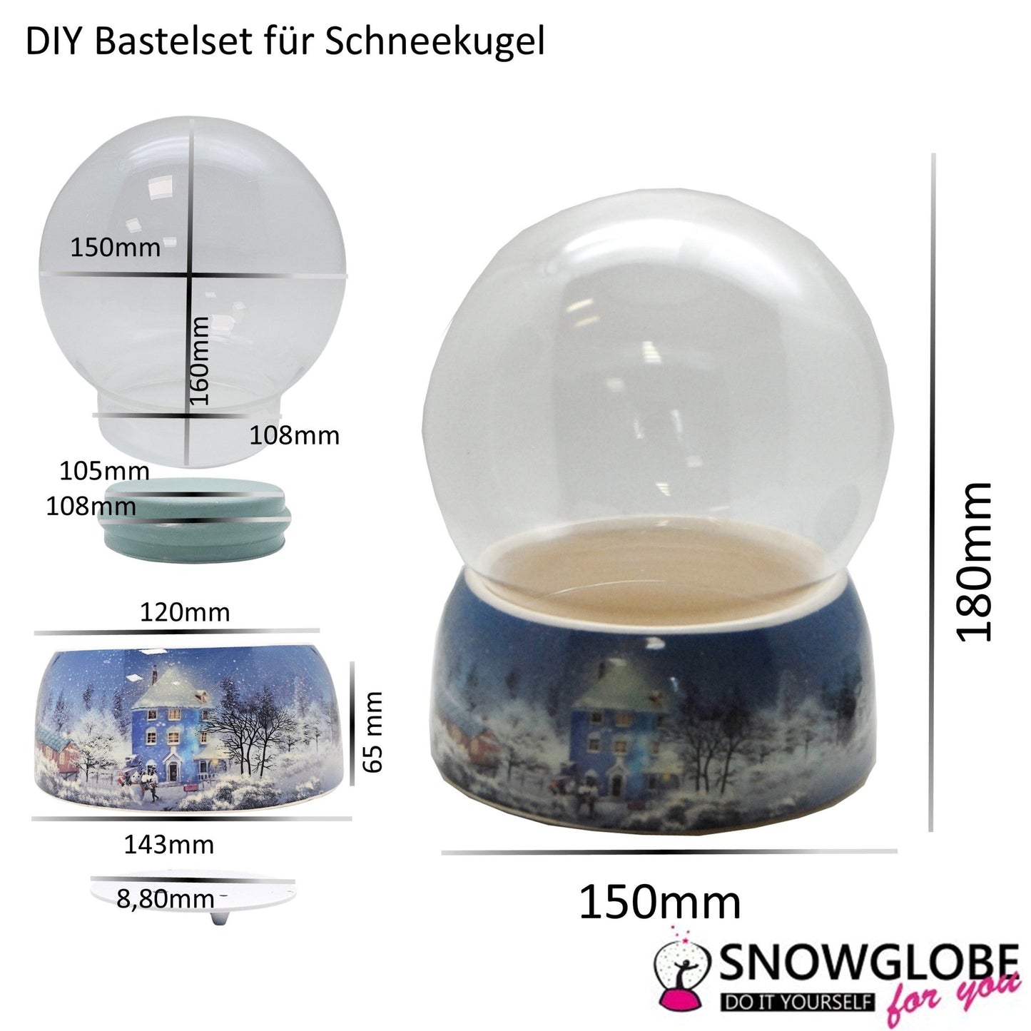 150mm DIY Schneekugelset Bastelset Glas und Porzellan Winterlandschaft schmal hellblau - 1x Schnee - Schneekugelhaus