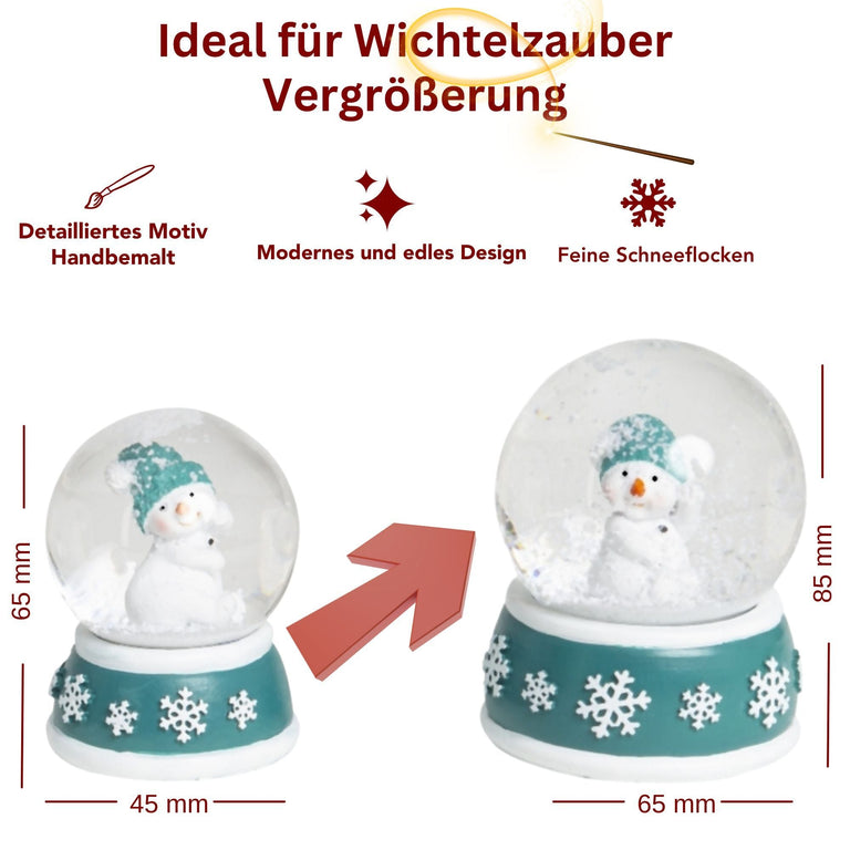 2 Schneekugeln Schneemann auf Sockel türkis weiß - 45mm - > 65mm für Wichtelzauber Vergrößerungszauber - Schneekugelhaus