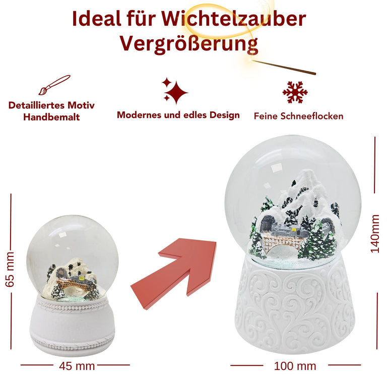2 Schneekugeln weiß Berglandschaft mit Brücke - 45mm - > 100mm für Wichtelzauber Vergrößerungszauber - Schneekugelhaus
