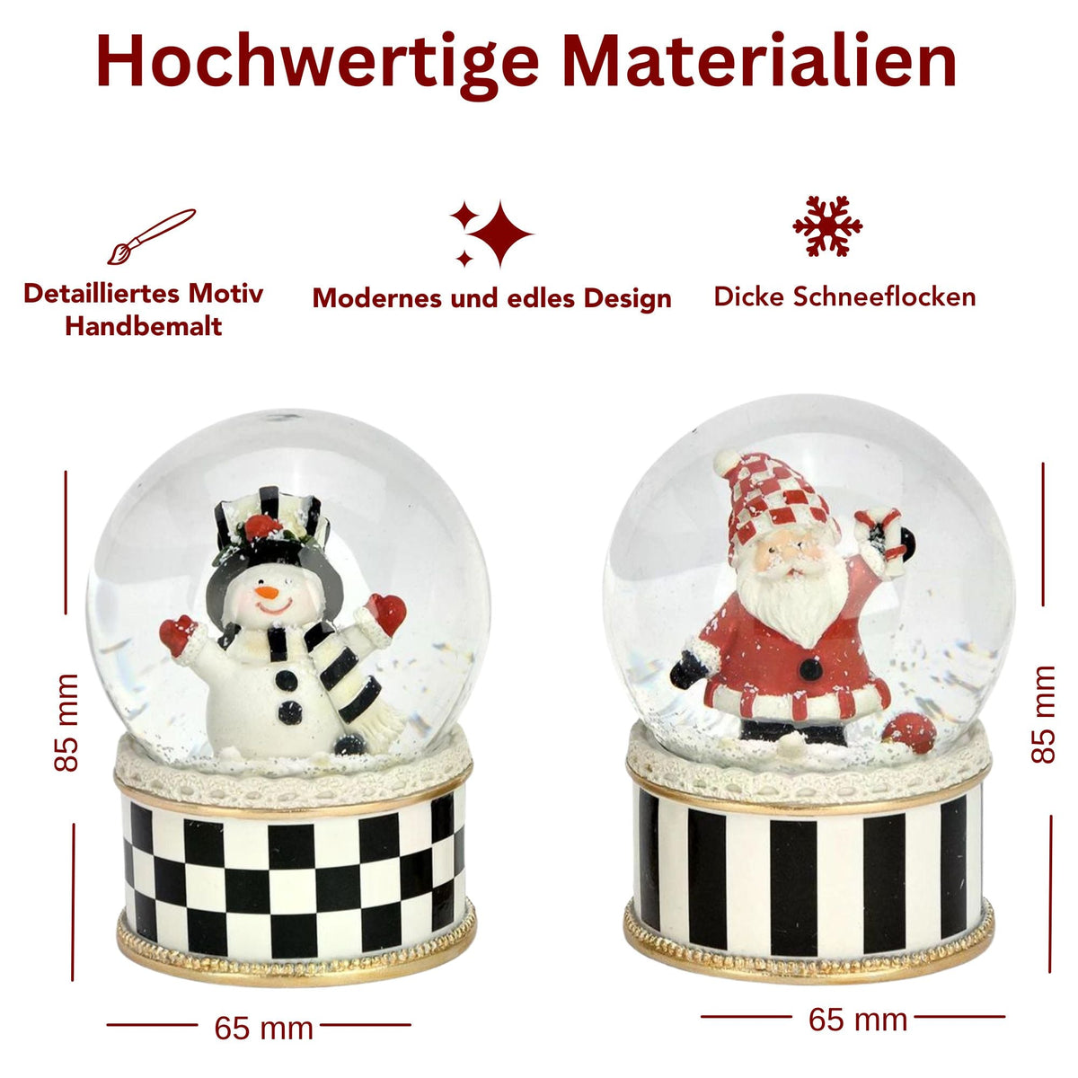 2 stylische Schneekugeln Schneemann Weihnachtsmann im Streifen-Look 65mm Durchmesser - Schneekugelhaus