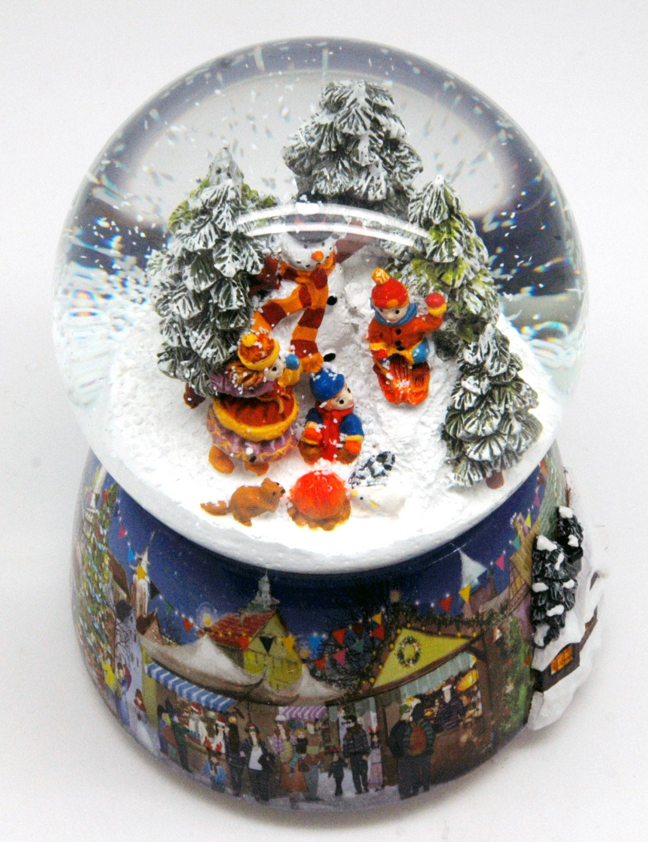 Nostalgie-Schneekugel mit Kindern und Schneemann mit Spieluhr - 100mm Durchmesser