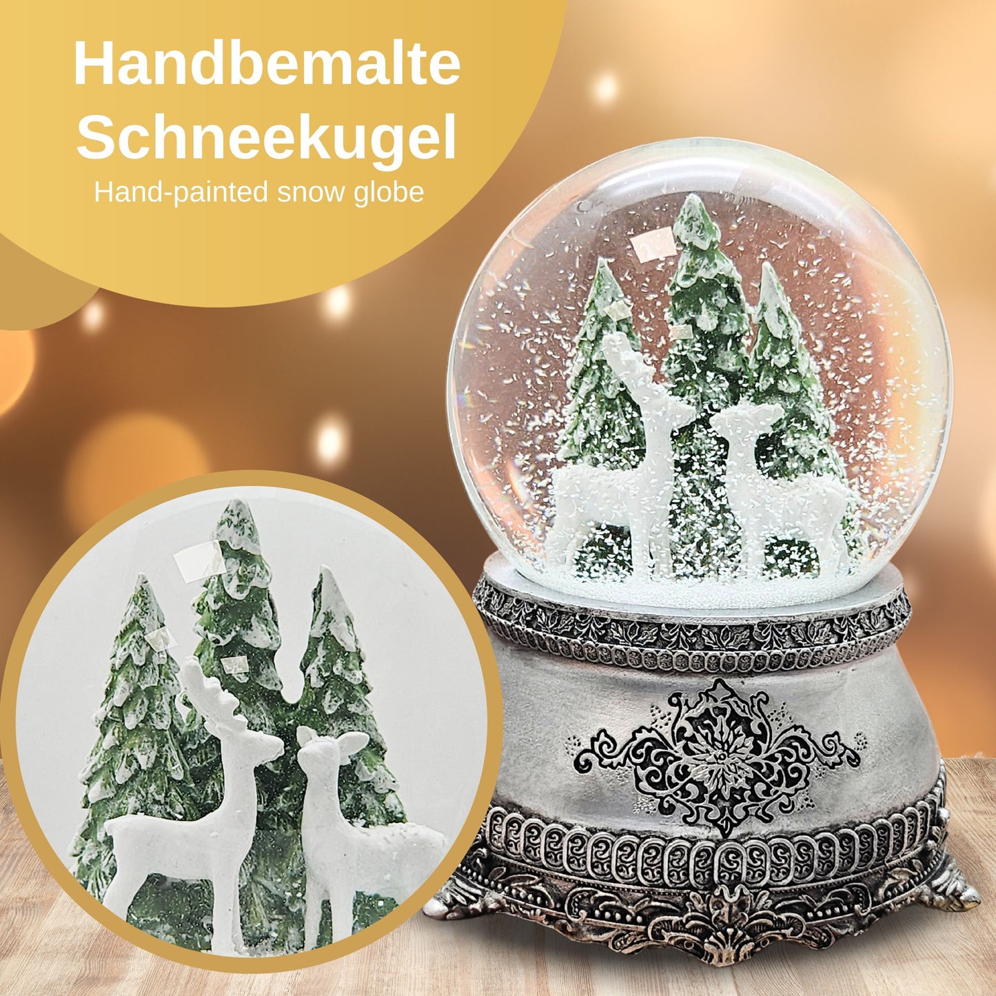 Dekopaket - Nostalgie Schneekugel Zinnsockel mit 4 Schneekugeln in mehreren Größen