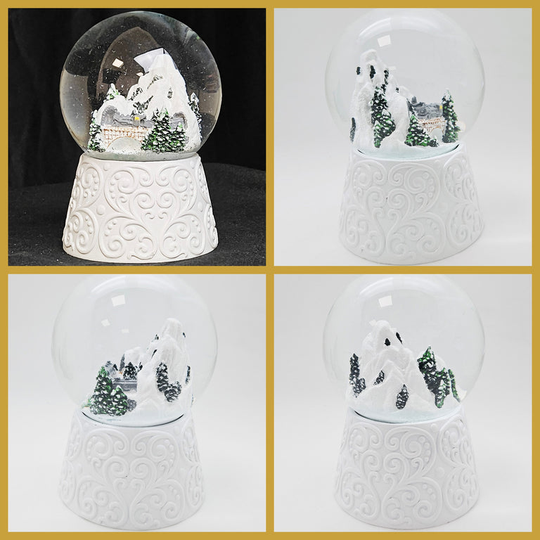 2 Schneekugeln weiß Berglandschaft mit Brücke - 45mm -> 100mm für Wichtelzauber Vergrößerungszauber