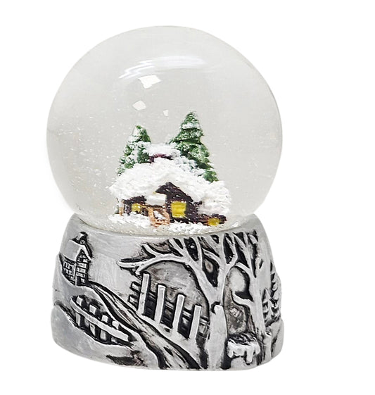 Süße Mini-Schneekugeln Berghütte auf Sockel antik silber Landschaft B: 45mm