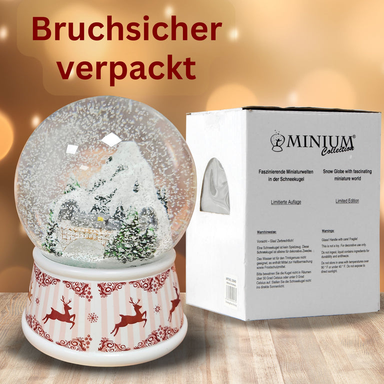 Nostalgische Schneekugel Berglandschaft Brücke Hüttenzauber 100 mm Durchmesser mit Spieluhr