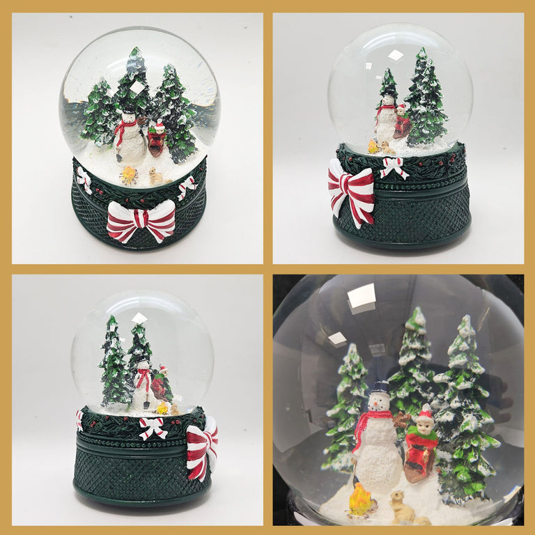 Nostalgische Schneekugel Schneemann steht auf Weihnachtsdekor grün 100 mm Durchmesser mit Spieluhr