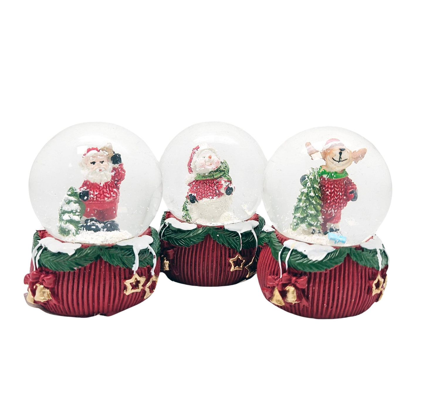 3 Süße Mini - Schneekugeln Weihnachten auf rotem Deko - Sockel 45mm Durchmesser - Schneekugelhaus