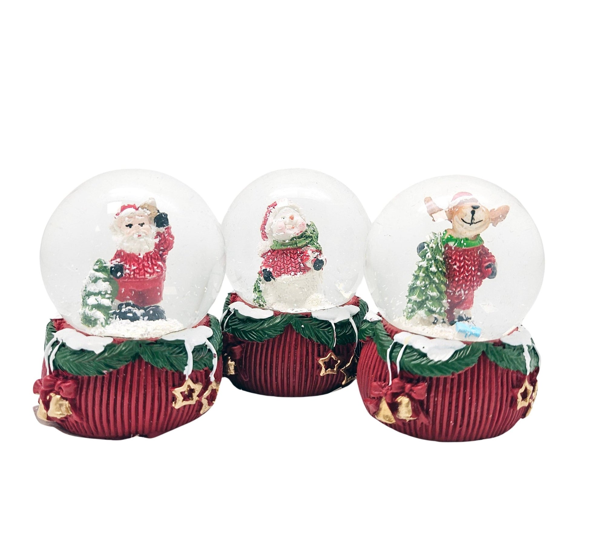 3 Süße Mini - Schneekugeln Weihnachten auf rotem Deko - Sockel 45mm Durchmesser - Schneekugelhaus