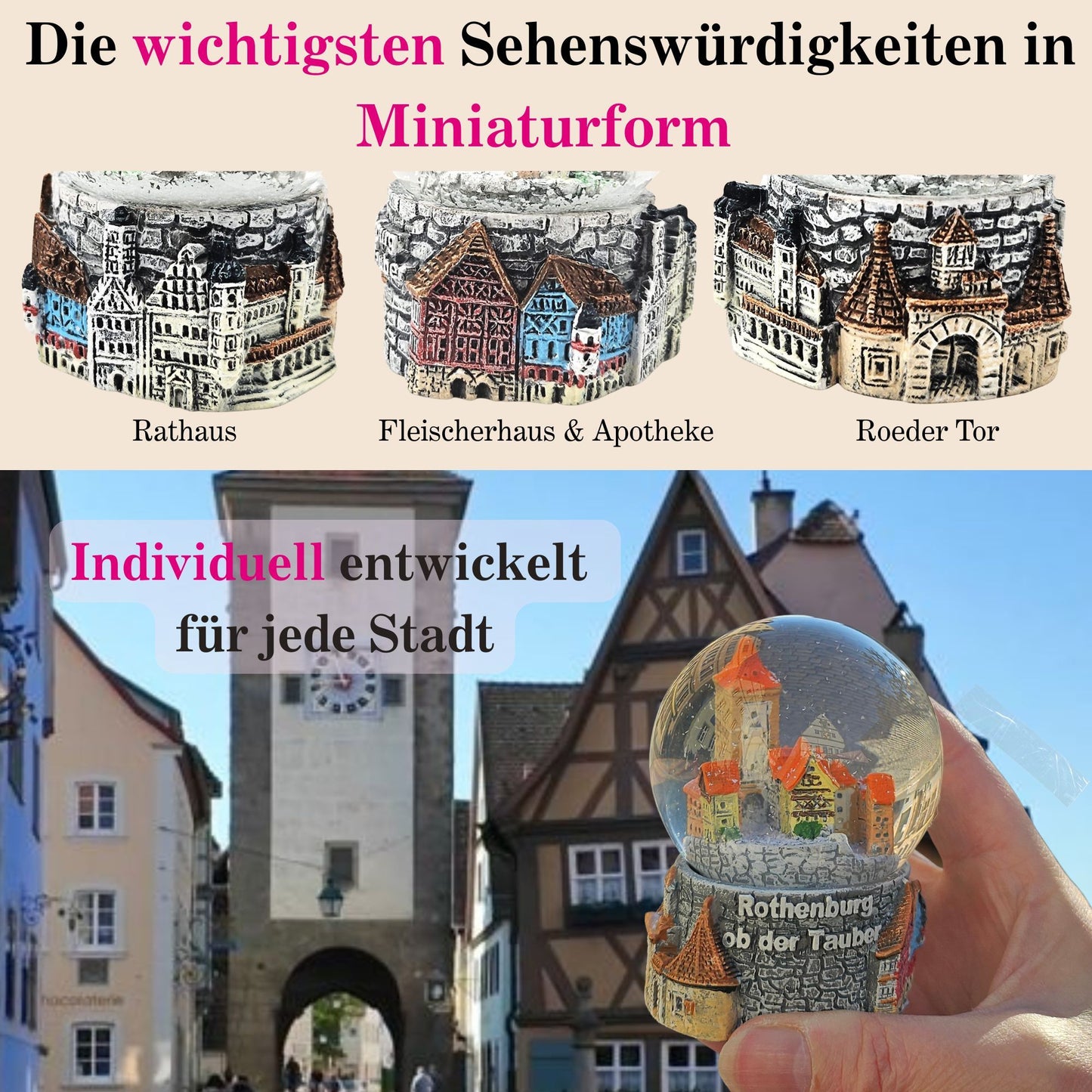 2er Set Souvenir-Schneekugeln Rothenburg ob der Tauber Plönlein und Fachwerkstadt