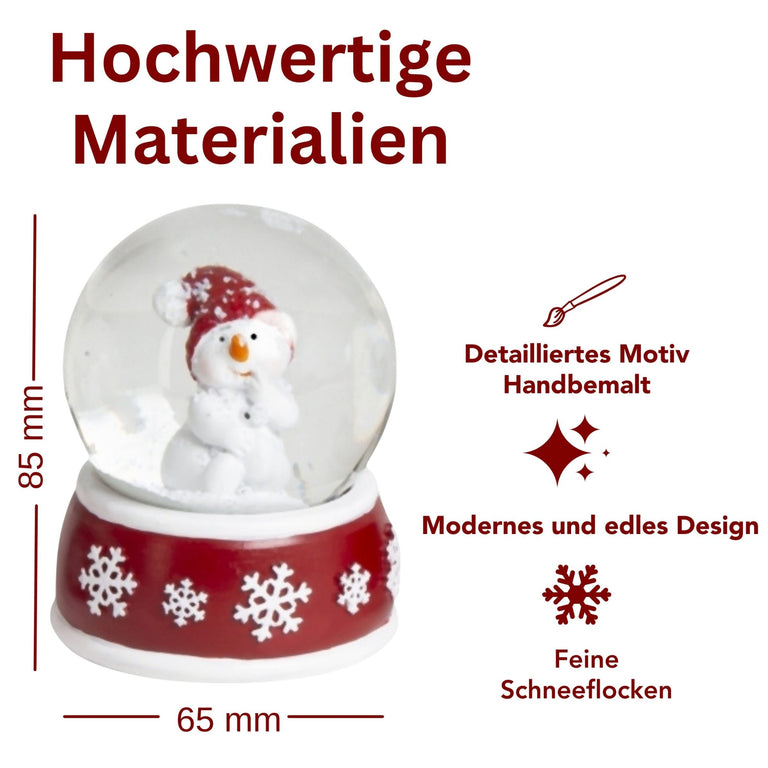 4 Schneekugeln Schneemann mit Sockel rot weiß Schneeflocke B: 65mm - Schneekugelhaus