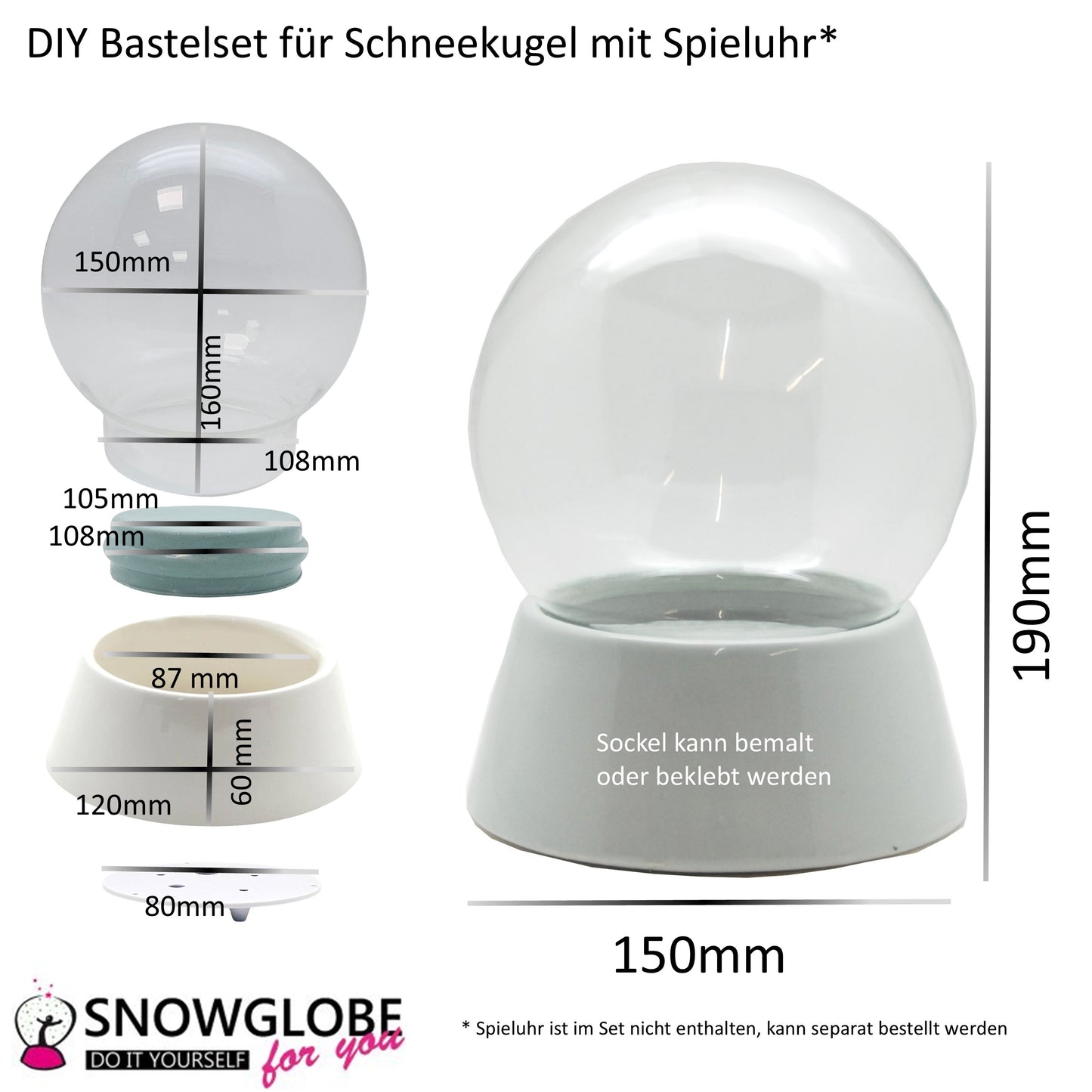 DIY-Komplett-Bastelset für Glas-Schneekugel 150x200mm mit Schnee, Glitzer, Wasserklar & Kleber