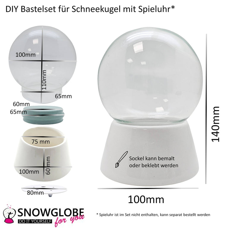 DIY-Komplett-Bastelset für Glas-Schneekugel 100x140mm mit Schnee, Glitzer, Wasserklar & Kleber