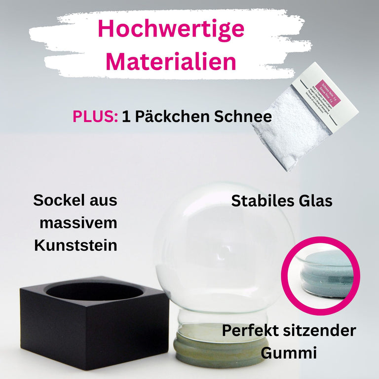 DIY-Komplett-Bastelset für Glas-Schneekugel 100x120mm schwarz mit Schnee, Glitzer, Wasserklar & Kleber
