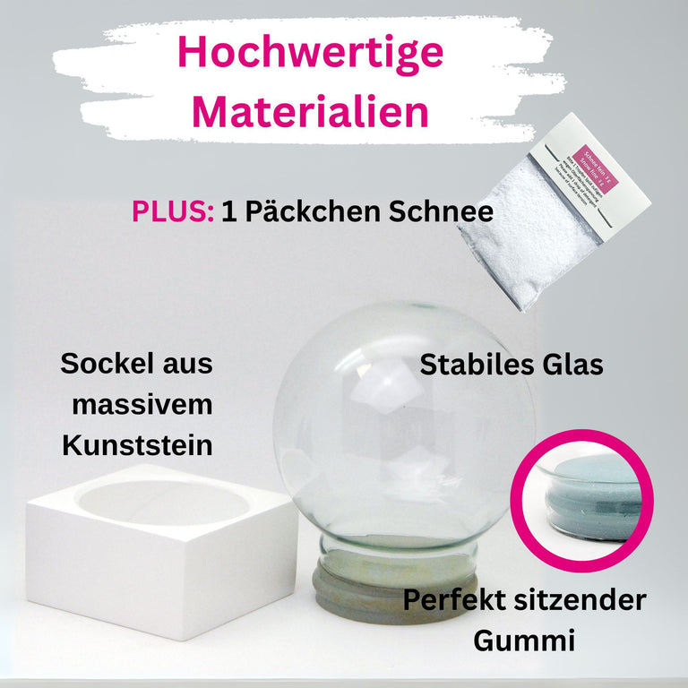 DIY-Komplett-Bastelset für Glas-Schneekugel 120x140mm weiß mit Schnee, Glitzer, Wasserklar & Kleber